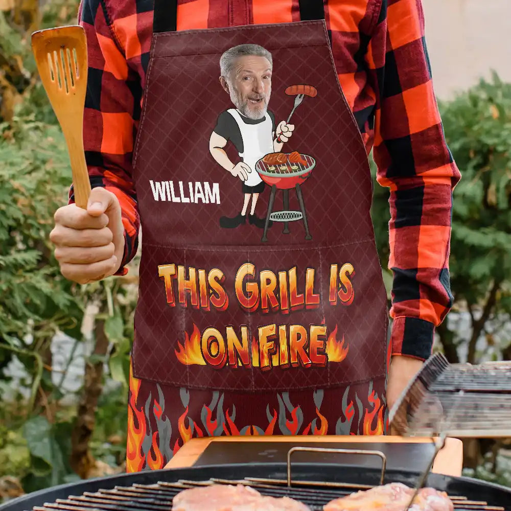 Gift For Husband,Gift For Boyfriend,Gift For Yourself,Gift For Men,Grilling,Non-Eng,Photo,Humorous - Custom Photo This Grill Is On Fire - Personalized Apron