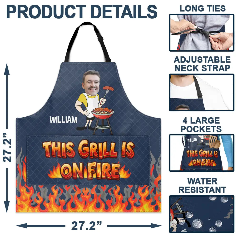 Gift For Husband,Gift For Boyfriend,Gift For Yourself,Gift For Men,Grilling,Non-Eng,Photo,Humorous - Custom Photo This Grill Is On Fire - Personalized Apron