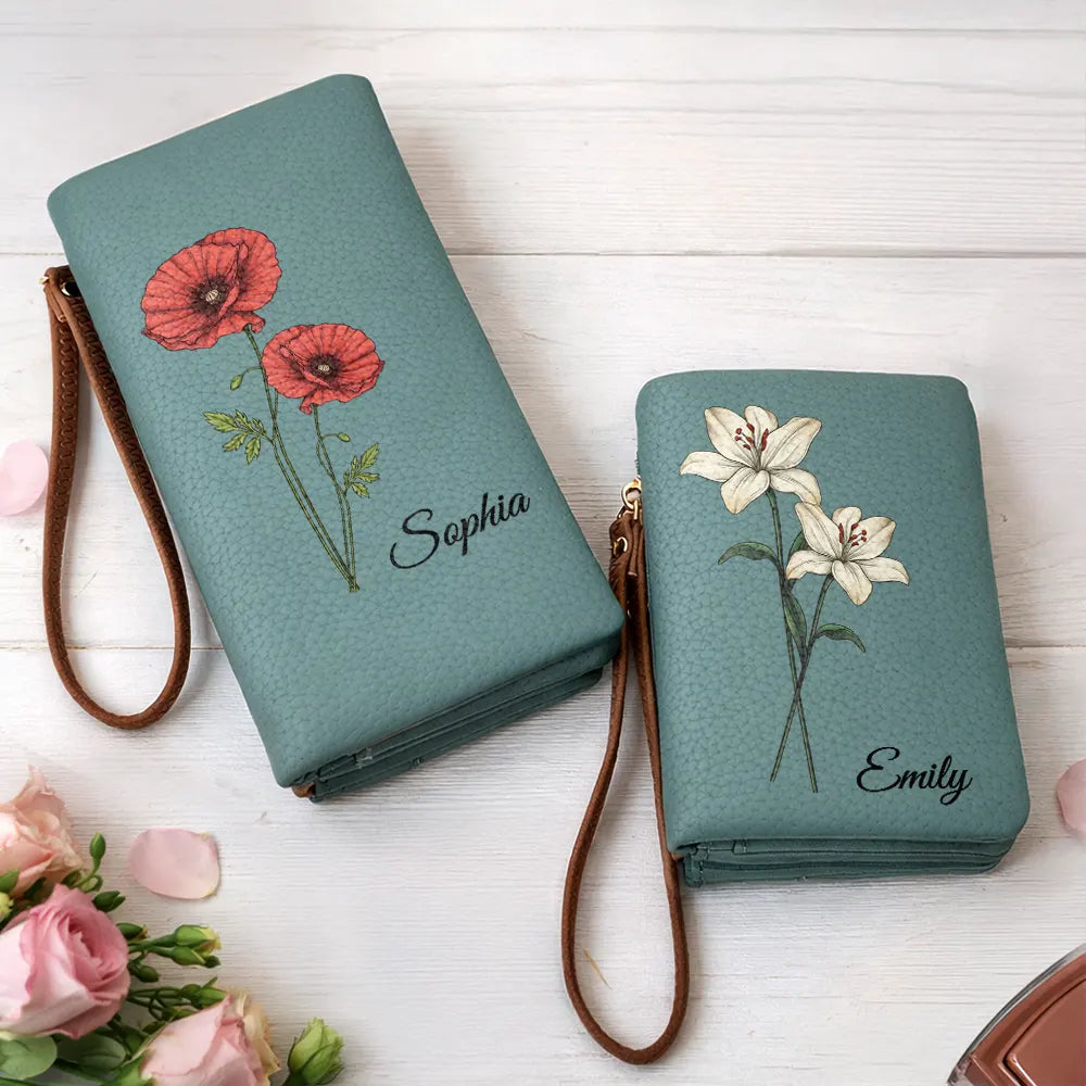 Mom - Daughters (Adult),Mom - Daughters (Young),Mom - Sons,Mom - Children,Gift For Mother,Love - Custom Birth Month Flower And Name - Personalized Tri-Fold PU Leather Wristlet Wallet