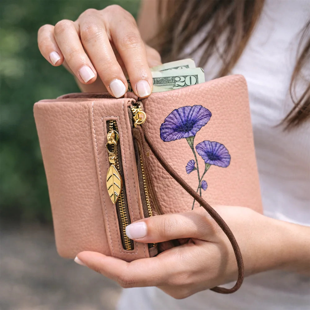Mom - Daughters (Adult),Mom - Daughters (Young),Mom - Sons,Mom - Children,Gift For Mother,Love - Custom Birth Month Flower And Name - Personalized Tri-Fold PU Leather Wristlet Wallet