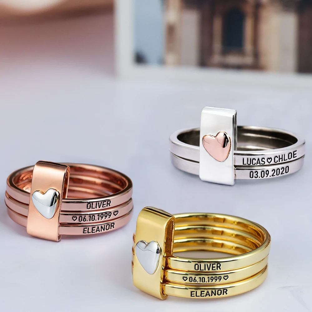 Gift For Wife,Gift For Girlfriend,Gift For Women,Gift For Yourself,Married ,Engaged,Wedding Anniversary,Anniversary,Love - Custom Couples Names With Anniversary Date - Personalized Heart Stacking Rings
