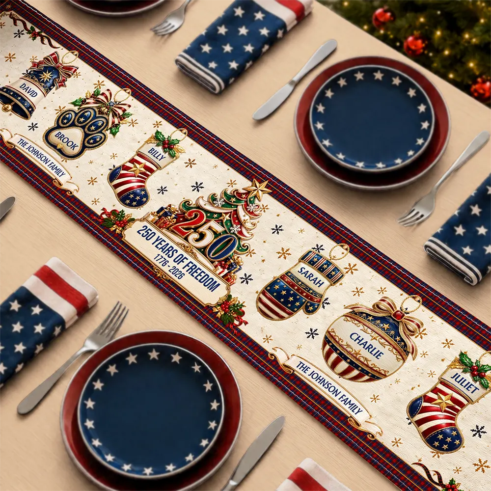 Custom Family Name 250 Years Of Freedom Christmas - Personalized Table Runner