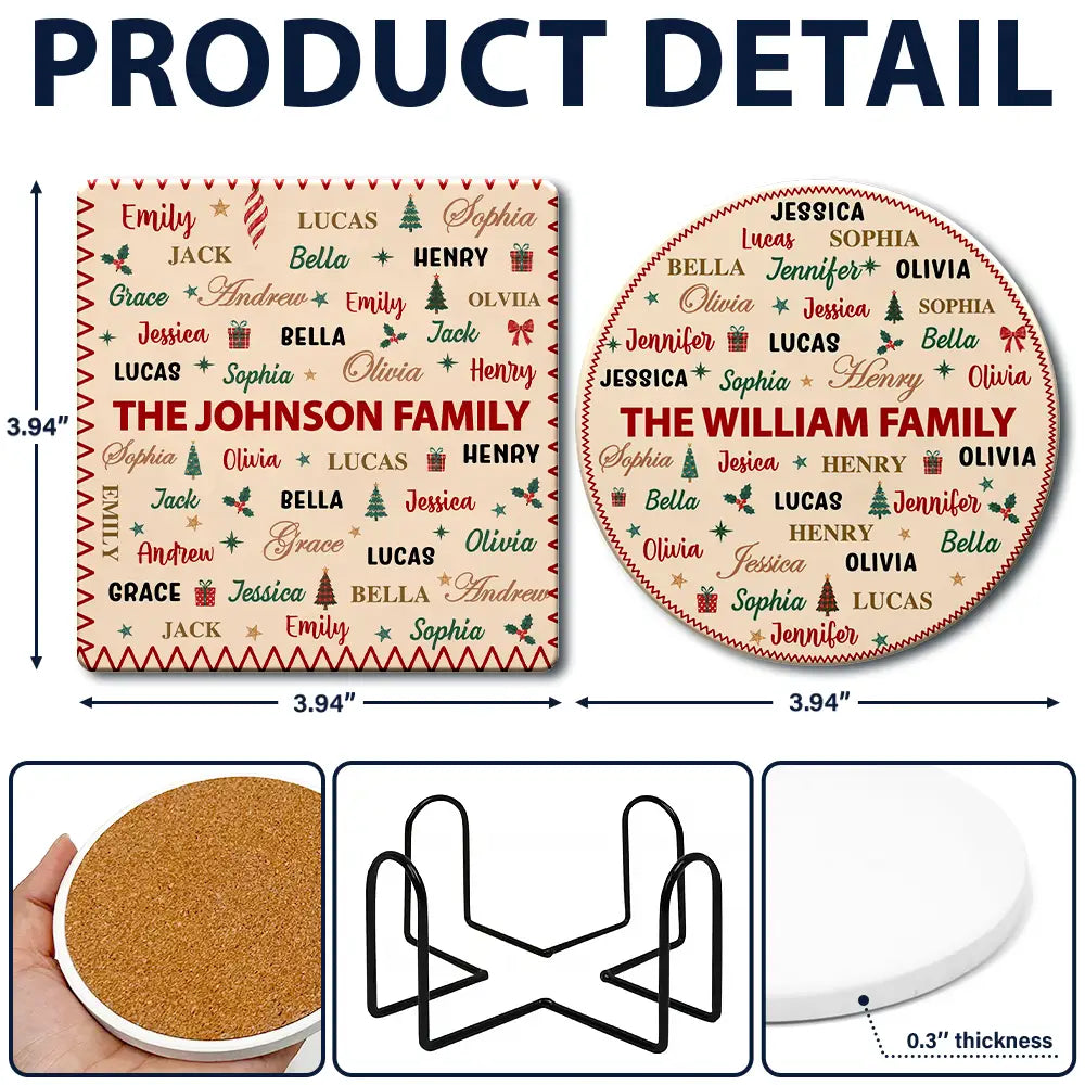 Sentimental,Christmas,Family,Custom Text - Custom Family Names Christmas - Personalized Ceramic Coaster