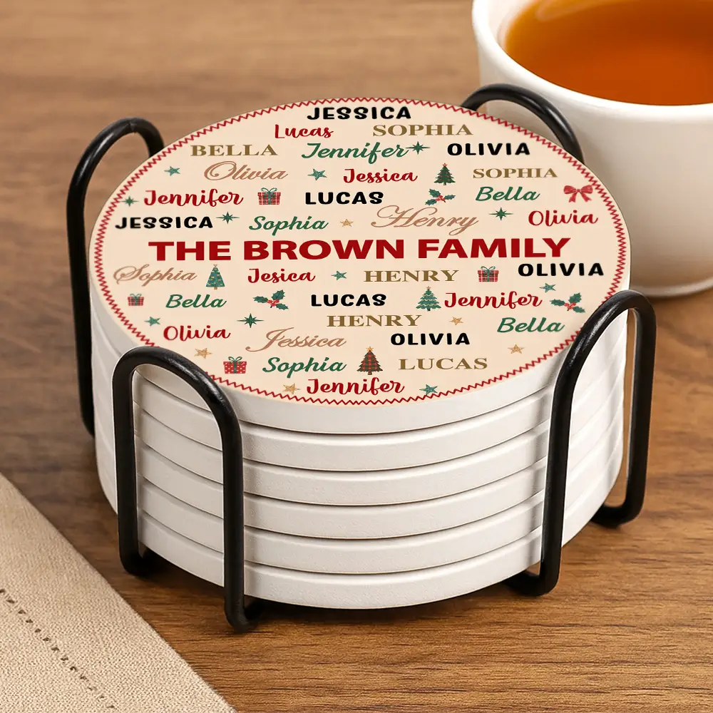 Sentimental,Christmas,Family,Custom Text - Custom Family Names Christmas - Personalized Ceramic Coaster