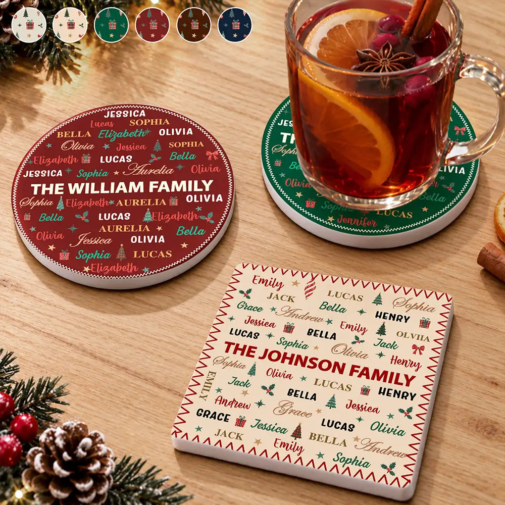 Sentimental,Christmas,Family,Custom Text - Custom Family Names Christmas - Personalized Ceramic Coaster