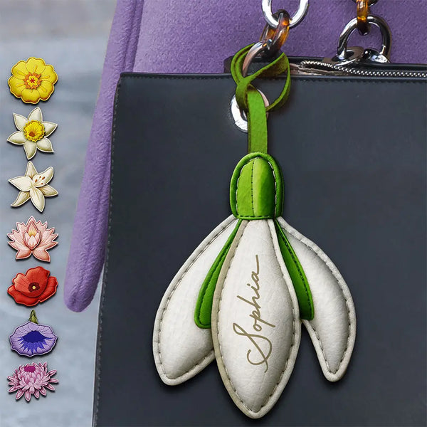 Gift For Yourself, Gift For Bestie, Gift For Wife, Gift For Women, Happy, Gift For Sisters - Custom Name Aesthetic Bag Accessories - Personalized Birth Flower Leather Charm
