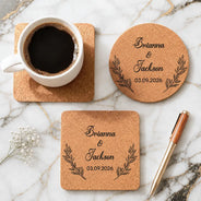 Romantic, Gift For Couples, Wedding, Monogram - Custom Name And Date Wedding Favors - Personalized Cork Coaster