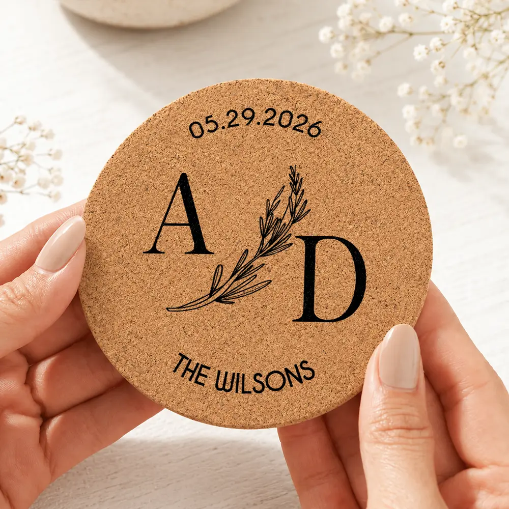Romantic, Gift For Couples, Wedding, Monogram - Custom Name And Date Wedding Favors - Personalized Cork Coaster