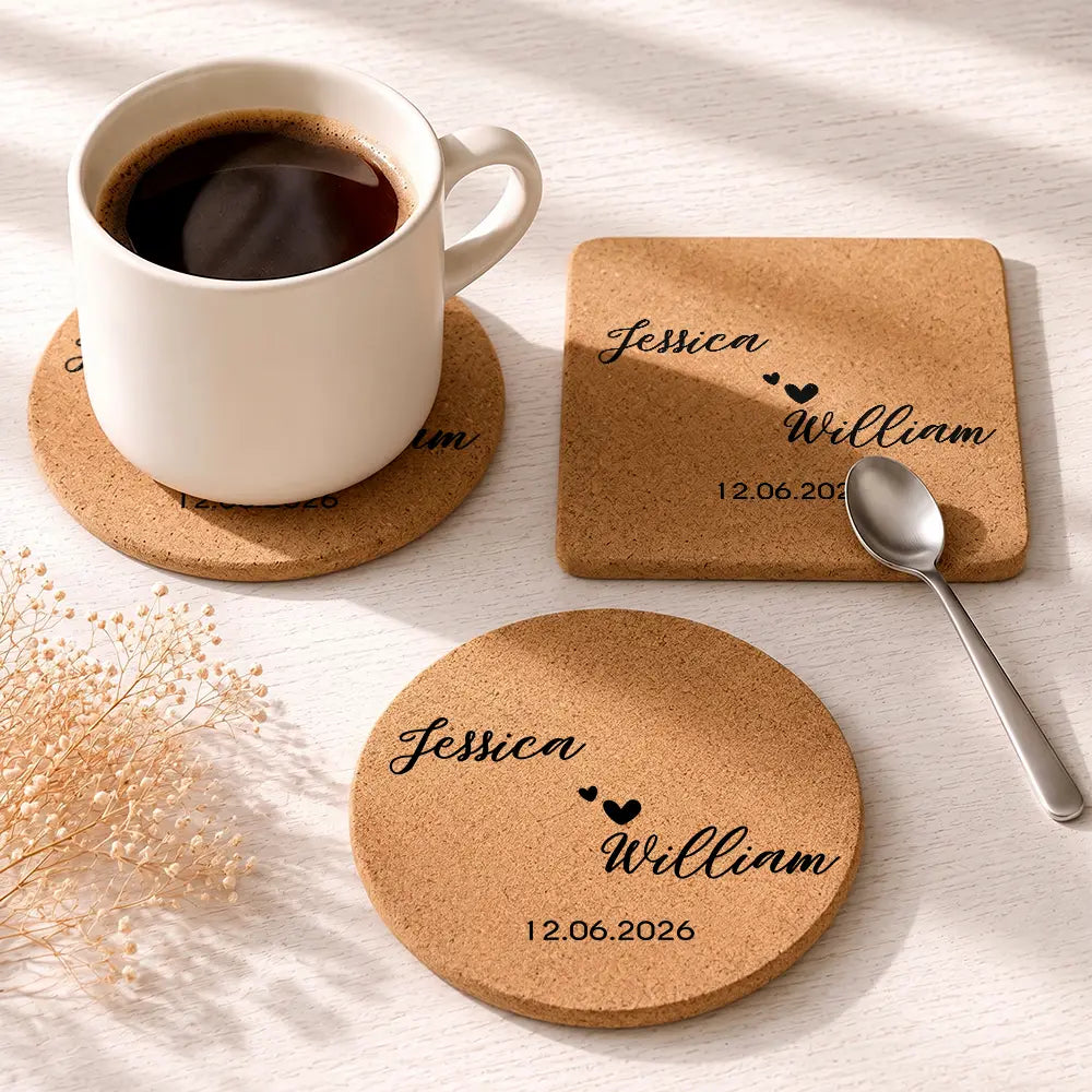 Romantic, Gift For Couples, Wedding, Monogram - Custom Name And Date Wedding Favors - Personalized Cork Coaster
