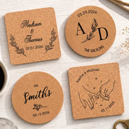 Romantic, Gift For Couples, Wedding, Monogram - Custom Name And Date Wedding Favors - Personalized Cork Coaster