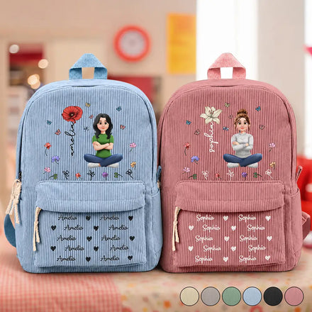 Custom Name Birth Flower Cartoon Character - Personalized Corduroy Backpack