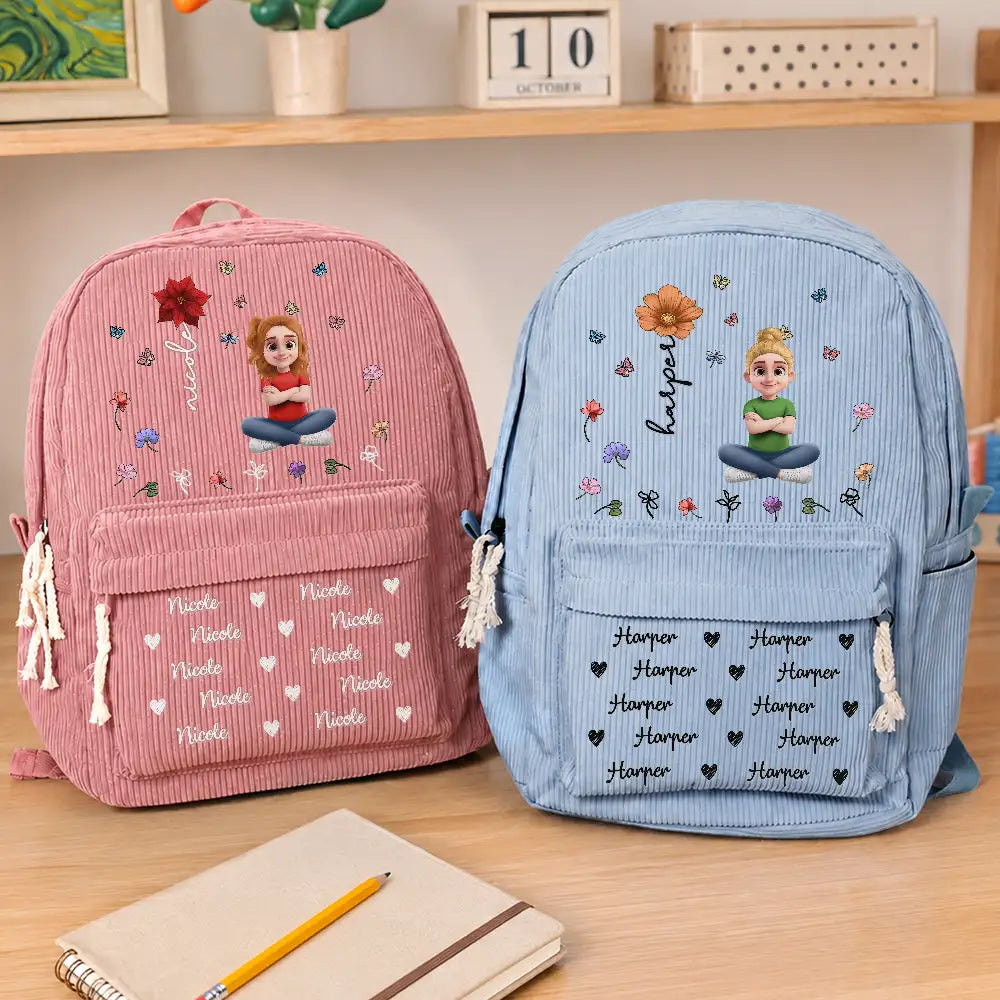Back To School, Family, Confident, Vector - Custom Name Birth Flower Cartoon Character - Personalized Corduroy Backpack