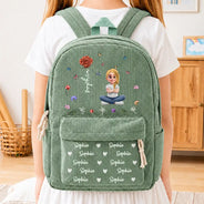 Back To School, Family, Confident, Vector - Custom Name Birth Flower Cartoon Character - Personalized Corduroy Backpack