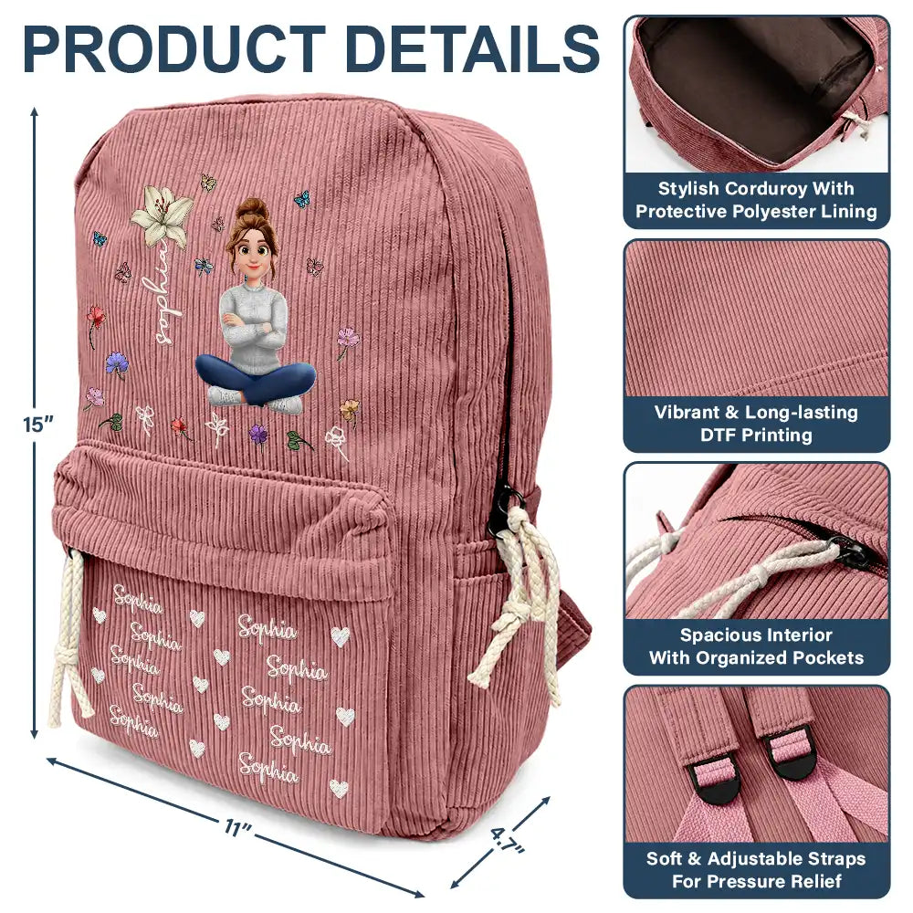 Back To School, Family, Confident, Vector - Custom Name Birth Flower Cartoon Character - Personalized Corduroy Backpack