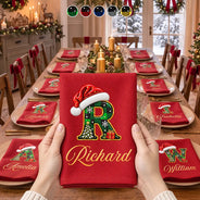 Top Market,Sentimental,Christmas,Family,Icon - Custom Name Christmas Plaid Santa Hat Initial Monogram Gift For Family - Personalized Reusable Napkin