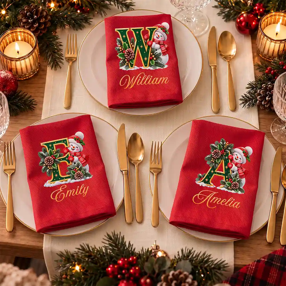 Custom Name Christmas Snowman Initial Monogram Gift For Family - Personalized Reusable Napkin