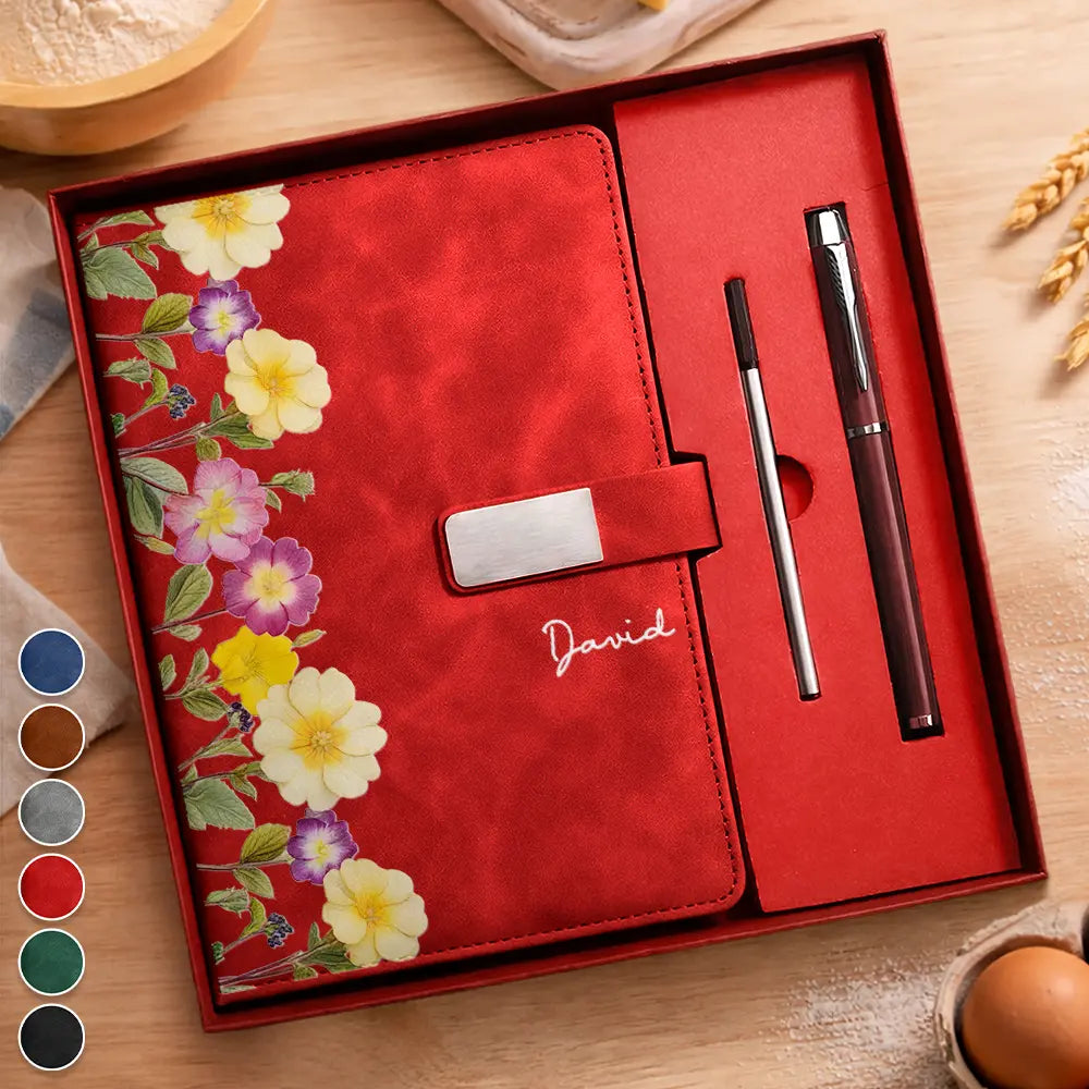 Custom Name Faux Pressed Birth Flower - Personalized Leather Notebook Set