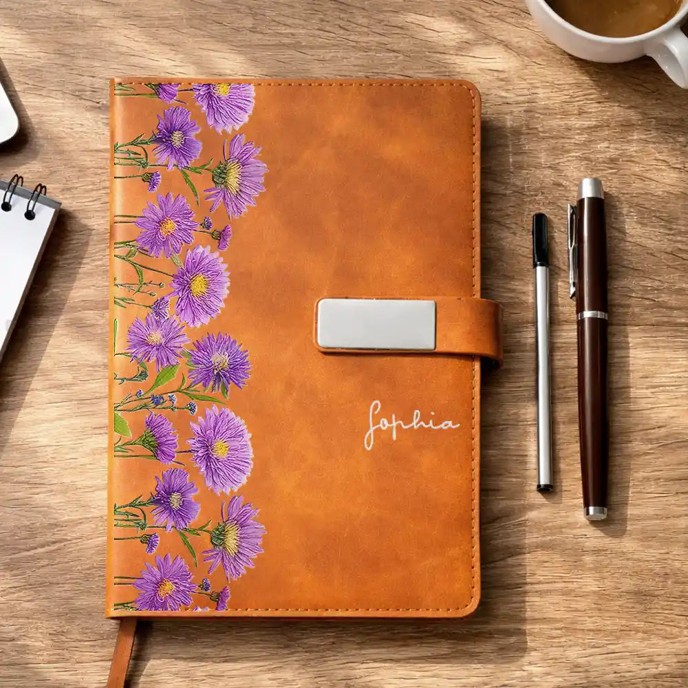 Gift For Grandma,Gift For Mother,Love,Happy - Custom Name Faux Pressed Birth Flower - Personalized Leather Notebook Set