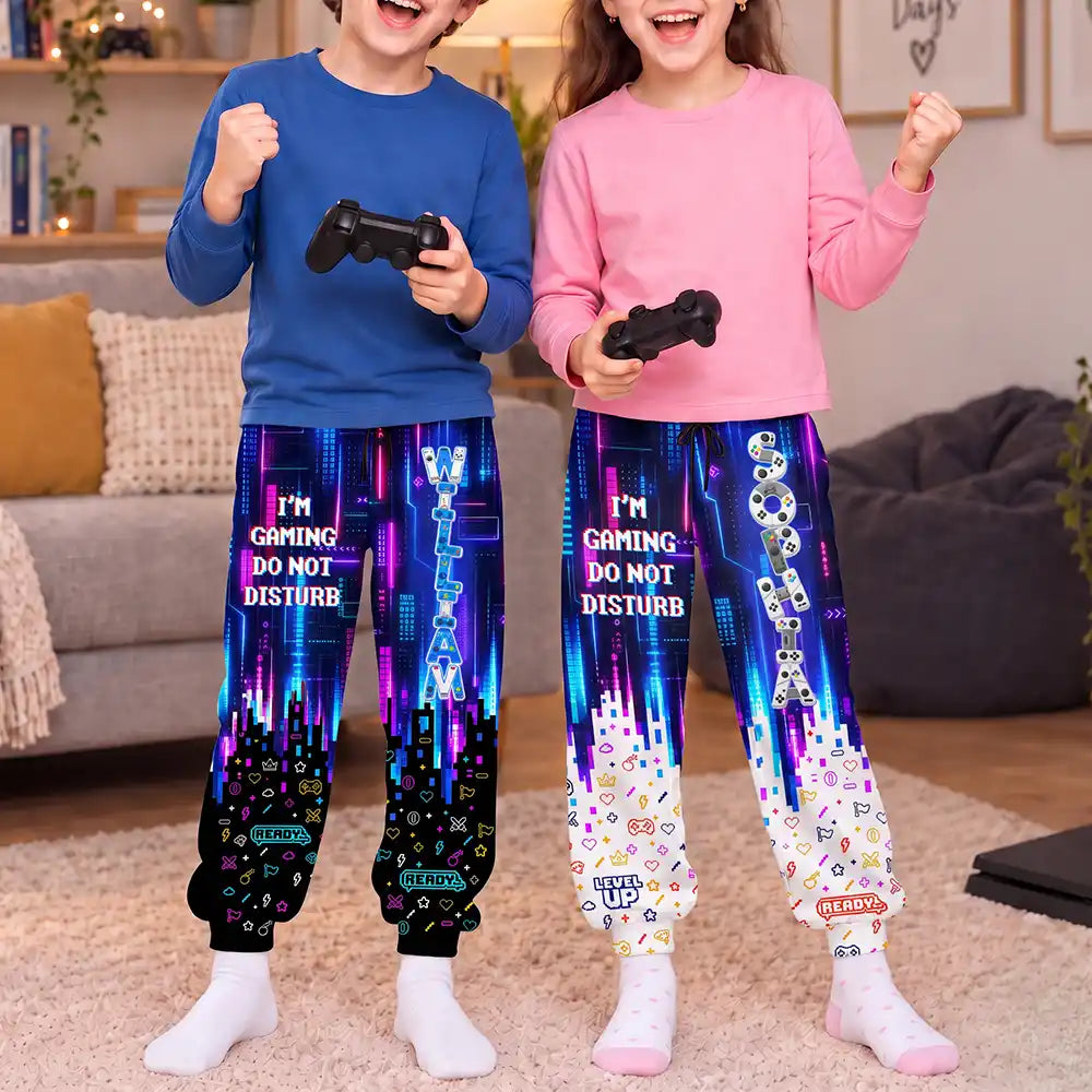 Playful,Christmas,Gaming,Gift For Kids,Icon - Custom Name Gaming Level Up With Ice Cream Dripping Gift For Kid Gamer - Personalized Sweatpants