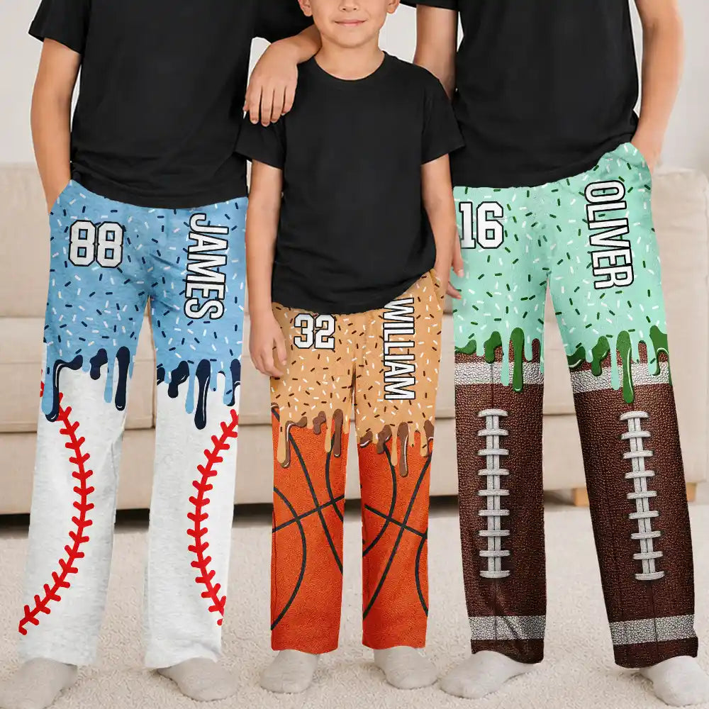 Custom Name Ice Cream Drip For Baseball Basketball Football Lovers - Personalized Kid Pajama Pants
