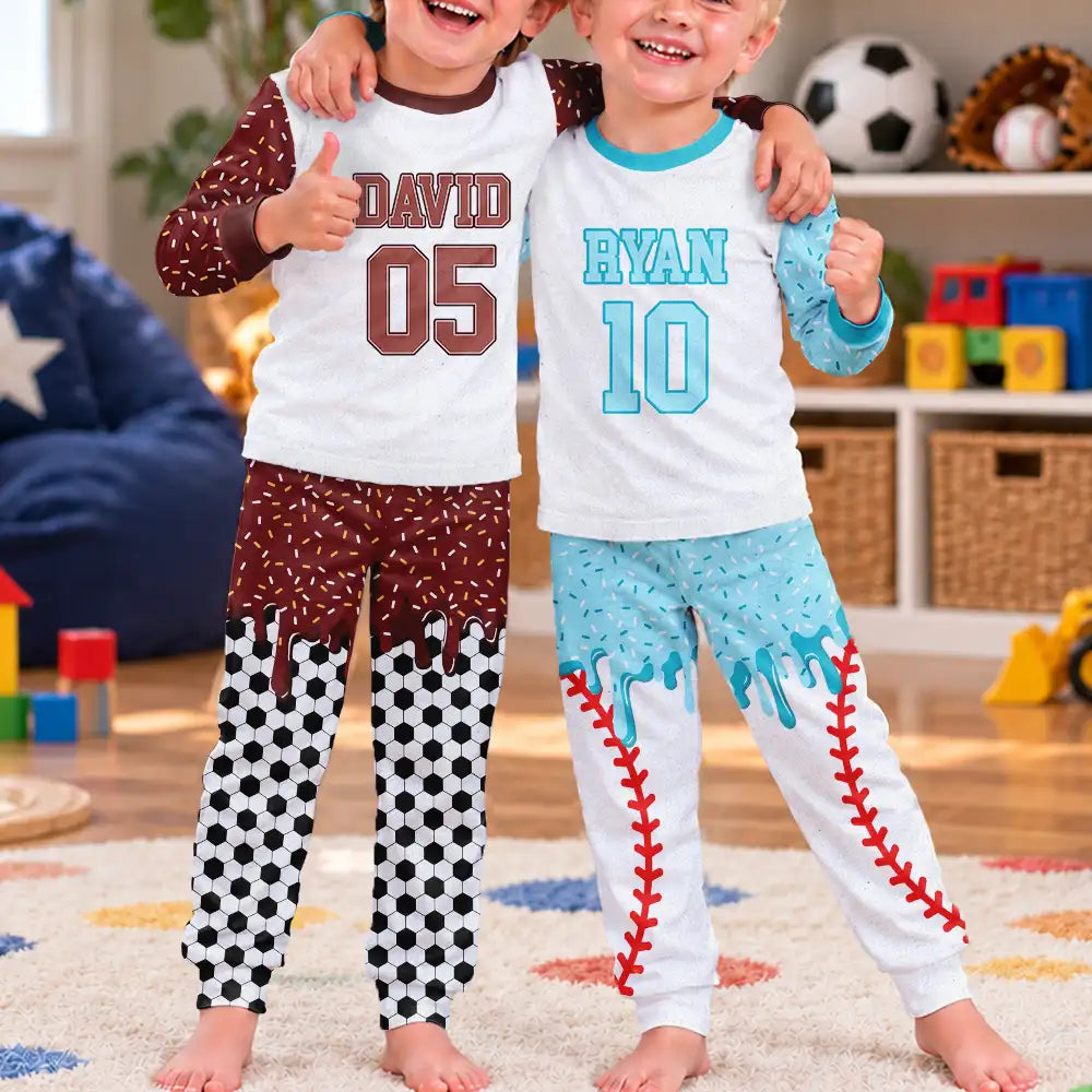 Baseball,Playful,Christmas,Gift For Kids,Custom Text-Custom Name Ice Cream Drip For Baseball Basketball Football Lovers - Personalized Kid Pajamas Set