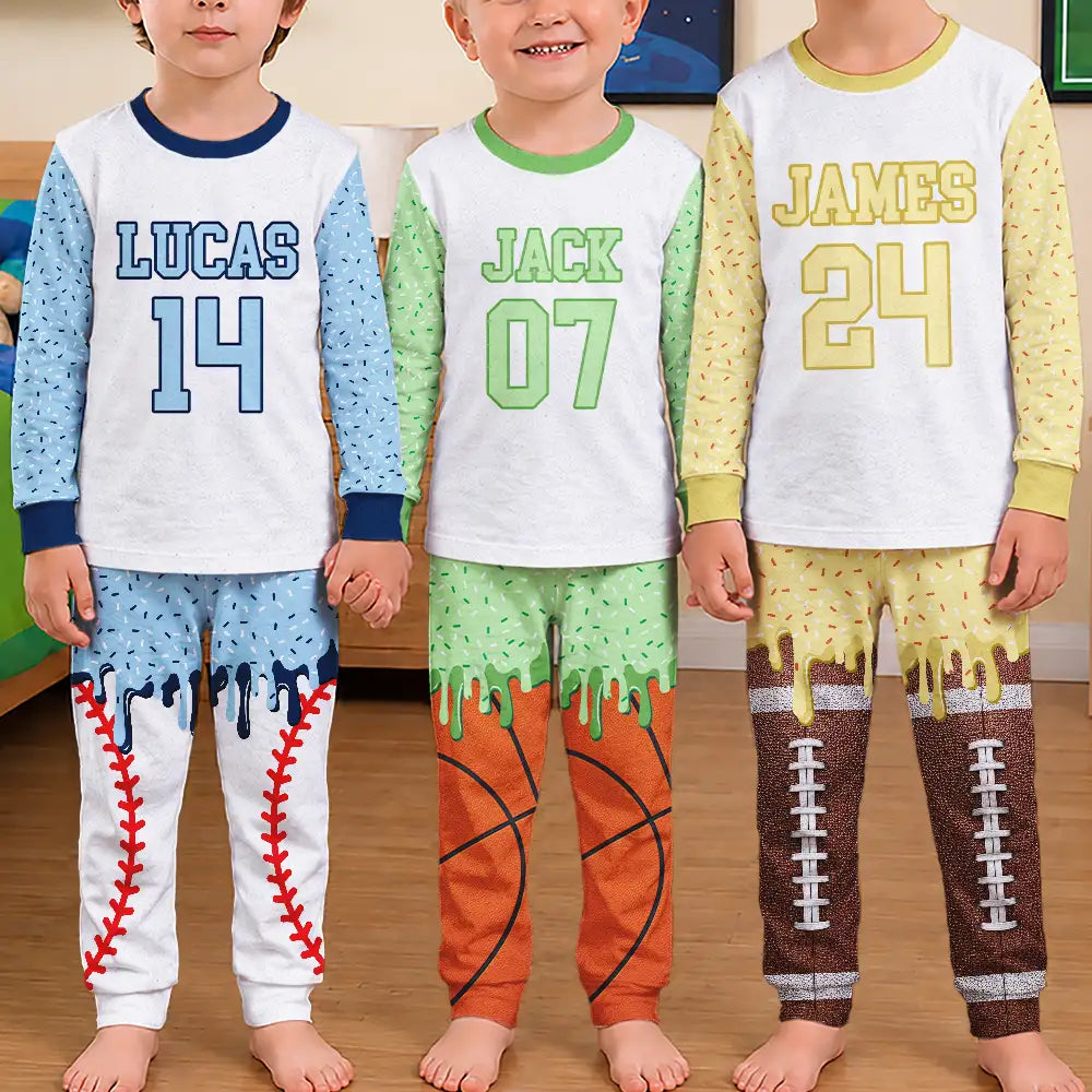 Baseball,Playful,Christmas,Gift For Kids,Custom Text-Custom Name Ice Cream Drip For Baseball Basketball Football Lovers - Personalized Kid Pajamas Set