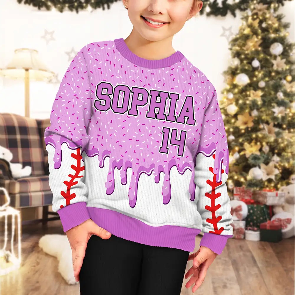 Baseball,Playful,Christmas,Gift For Kids,Custom Text - Custom Name Ice Cream Drip For Baseball Basketball Football Lovers - Personalized Unisex Ugly Sweater