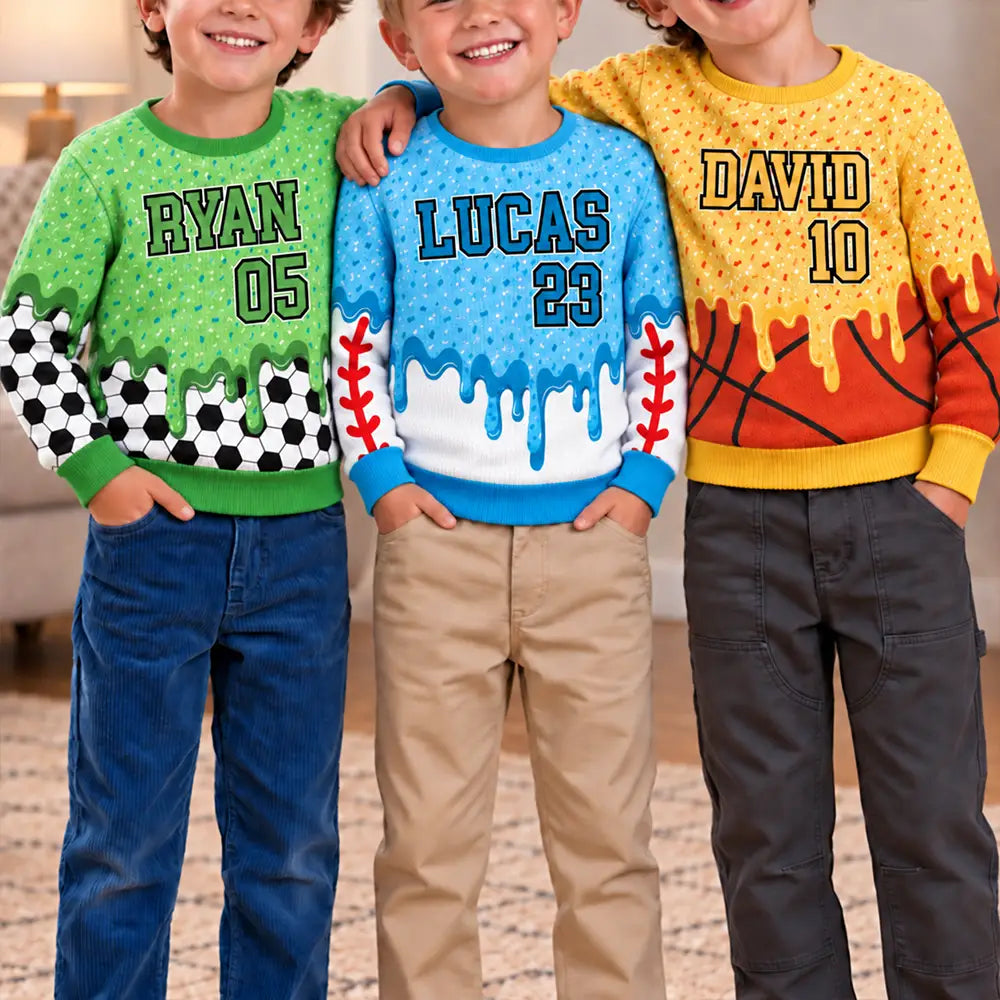 Baseball,Playful,Christmas,Gift For Kids,Custom Text - Custom Name Ice Cream Drip For Baseball Basketball Football Lovers - Personalized Unisex Ugly Sweater