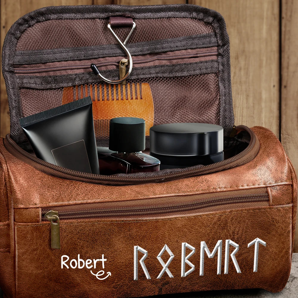 Custom Name In Viking Runes Warrior Camping Hiking - Personalized Leather Toiletry Bag