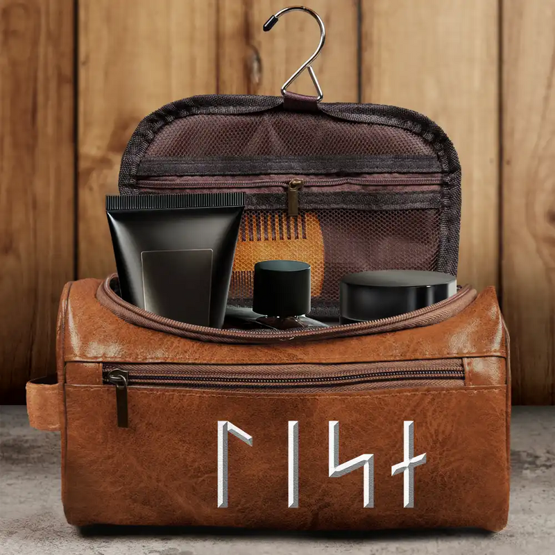 Gift For Yourself,Happy - Custom Name In Viking Runes Warrior Camping Hiking - Personalized Leather Toiletry Bag