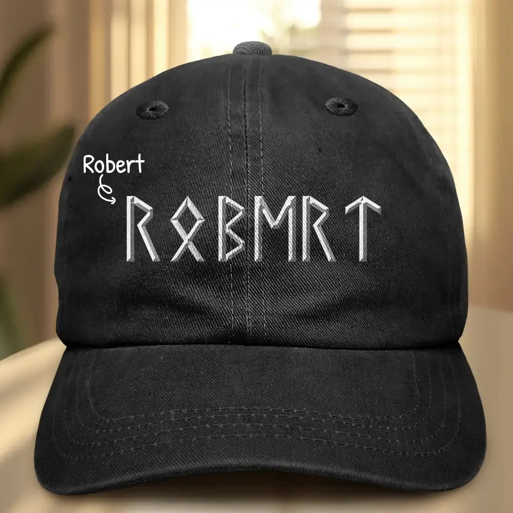 Custom Name In Viking Runes Warrior Camping Hiking - Personalized Vintage Washed Denim Cap