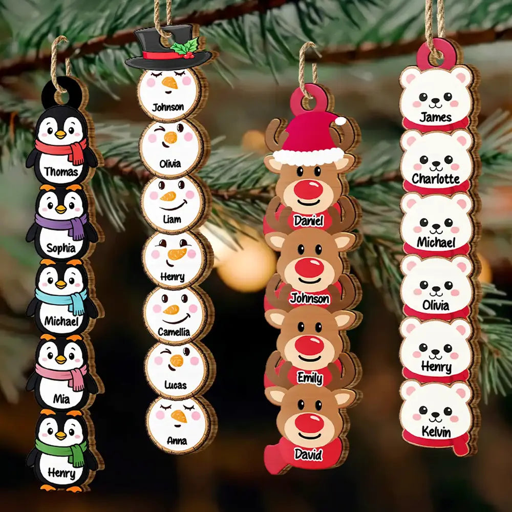 Custom Name Penguin Snowman Reindeer Family - Personalized Custom Shaped Wooden Ornament