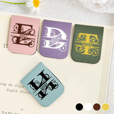 Custom Name Vintage Monogram - Personalized Leather Magnetic Bookmark