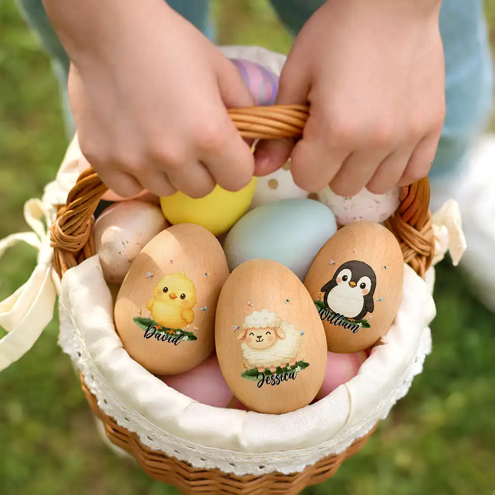 Easter,Non-Eng,Gift For Kids,Gift For Grandkids,Grandma - Grandkids,Grandpa - Grandkids,Dad - Children,Mom - Children,Happy - Custom Name With Adorable Animal - Personalized Musical Wooden Easter Egg Shaker
