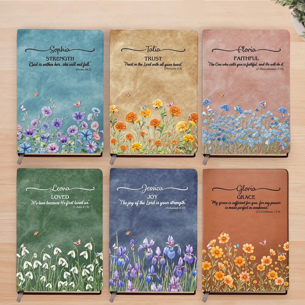 Custom Name With Bible Verse And Birth Month Flower - Personalized Leather Journal