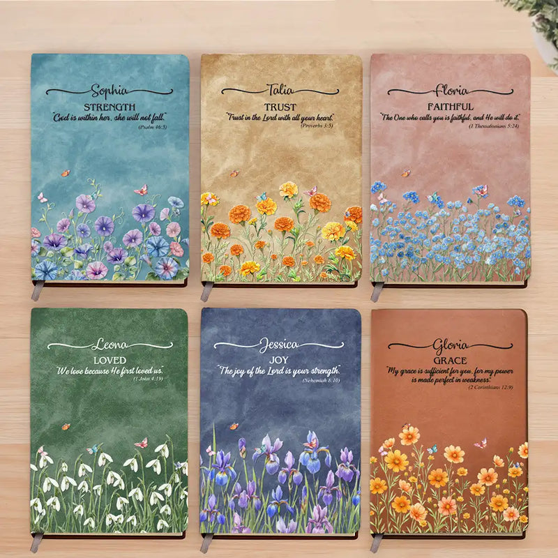 Christian, Gift For Women, Gift For Yourself, Gift For Wife, Gift For Girlfriend, Gift For Aunt, Gift For Mother, Gift For Grandma, Gift For Sisters, Gift For Sibling, Gifts For Colleagues - Custom Name With Bible Verse And Birth Month Flower - Personalized Leather Journal