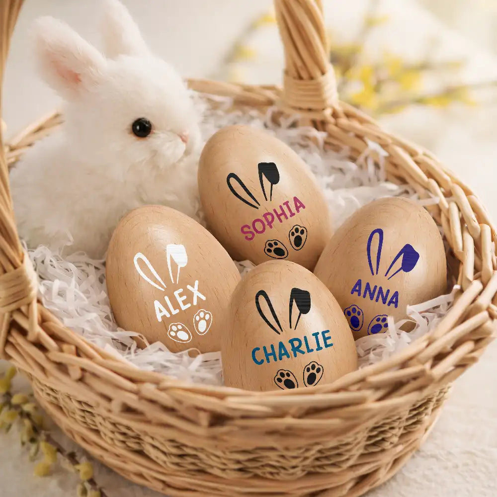 Gift For Kids,Gift For Grandkids,Non-Eng,Easter,Happy - Custom Name With Bunny Ears - Personalized Musical Wooden Easter Egg Shaker