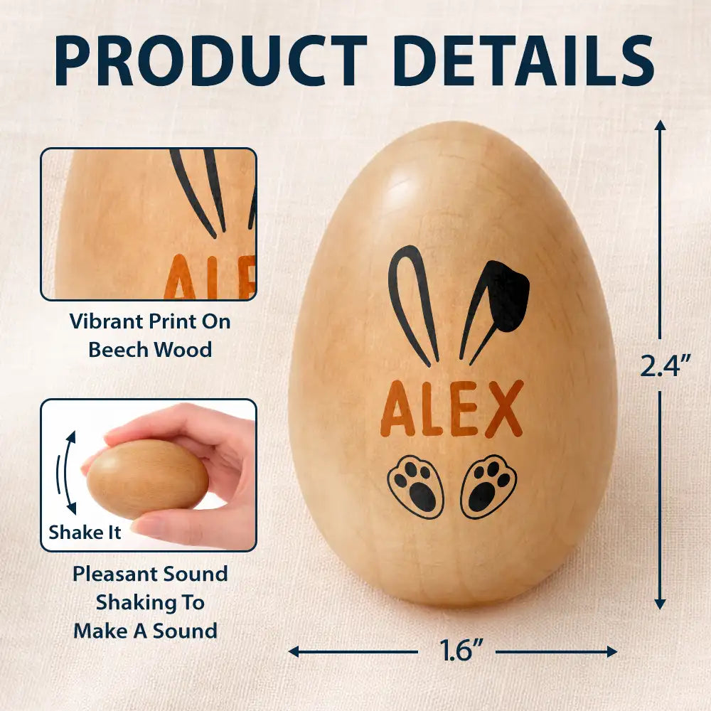 Gift For Kids,Gift For Grandkids,Non-Eng,Easter,Happy - Custom Name With Bunny Ears - Personalized Musical Wooden Easter Egg Shaker