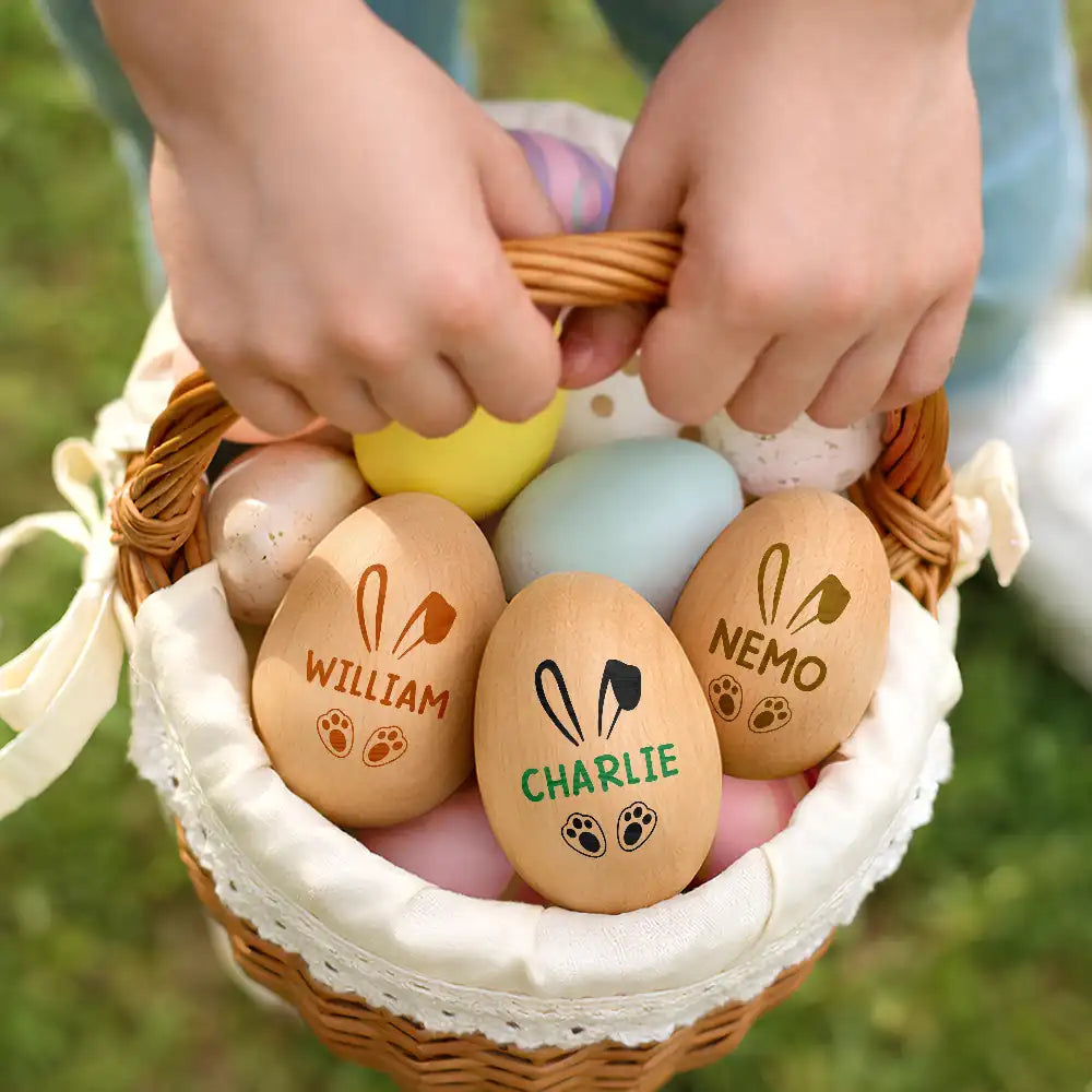 Gift For Kids,Gift For Grandkids,Non-Eng,Easter,Happy - Custom Name With Bunny Ears - Personalized Musical Wooden Easter Egg Shaker