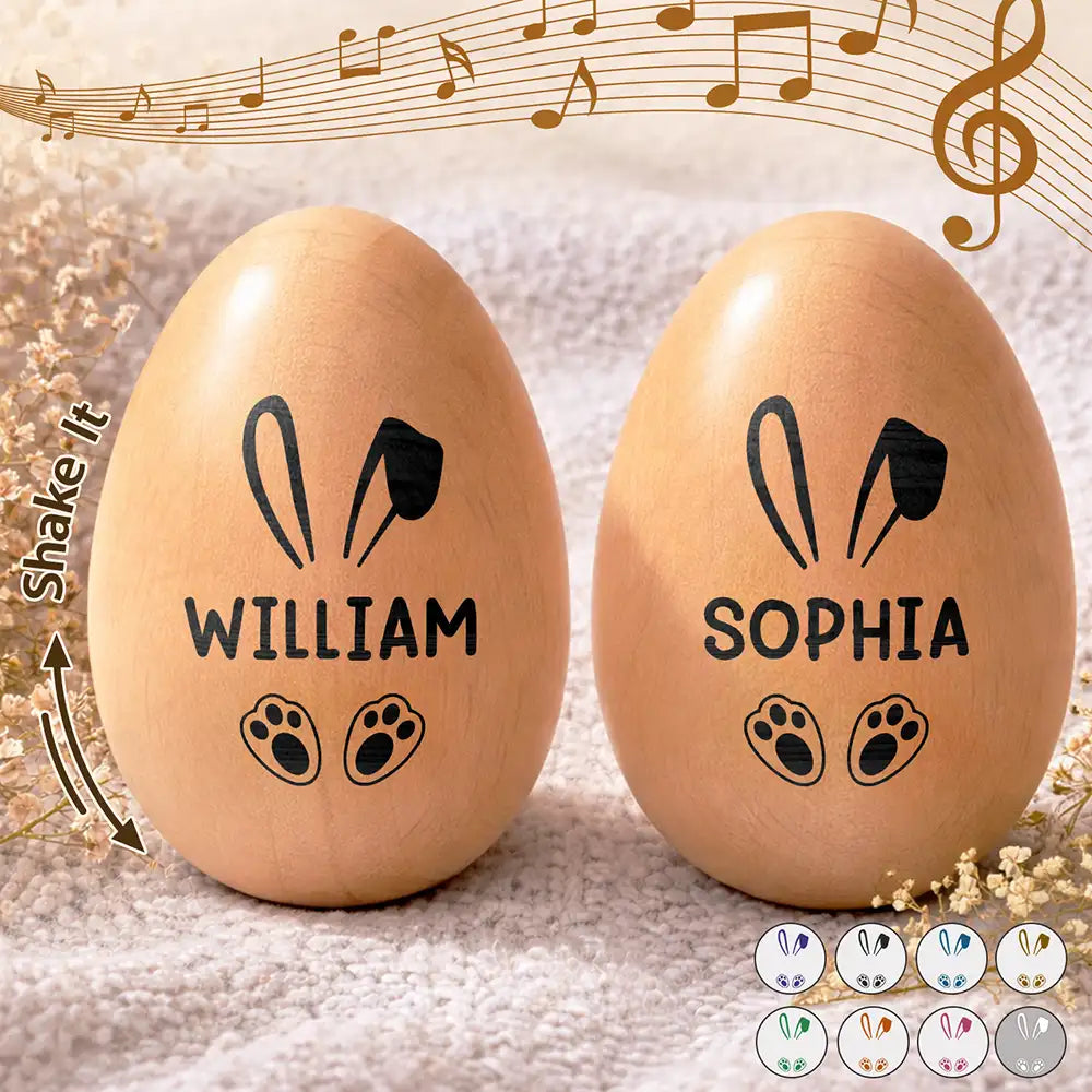 Gift For Kids,Gift For Grandkids,Non-Eng,Easter,Happy - Custom Name With Bunny Ears - Personalized Musical Wooden Easter Egg Shaker