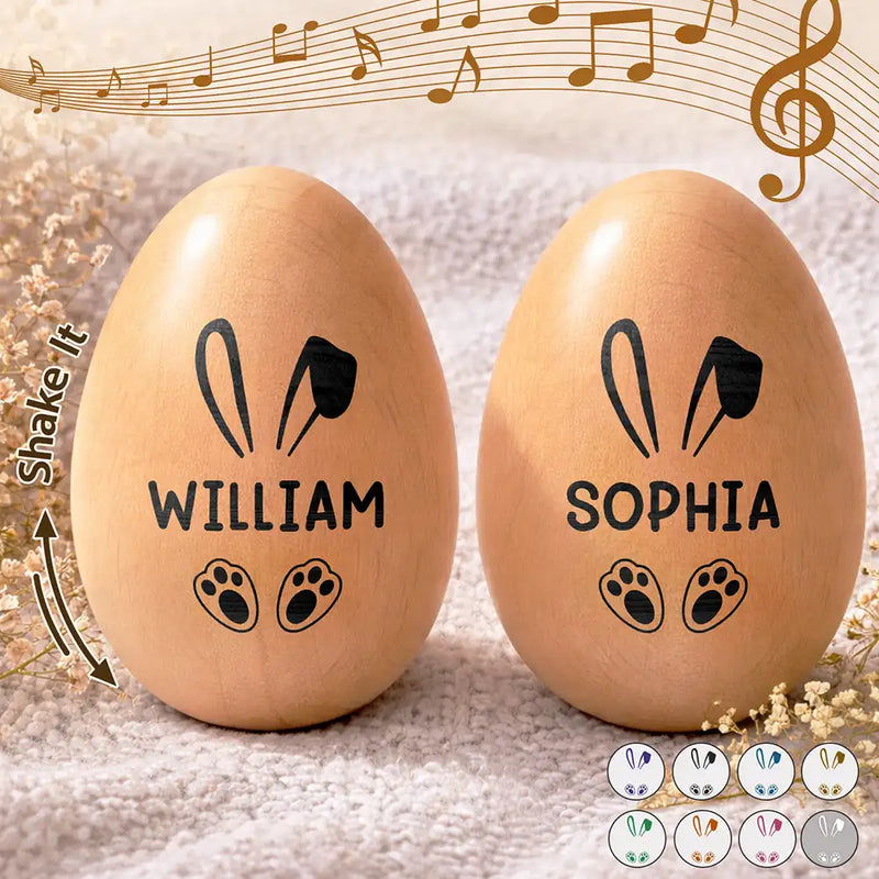 Gift For Kids,Gift For Grandkids,Non-Eng,Easter,Happy - Custom Name With Bunny Ears - Personalized Musical Wooden Easter Egg Shaker