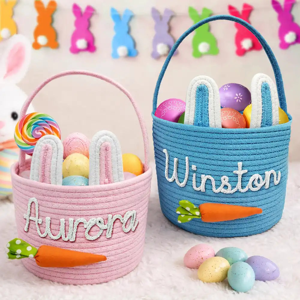 Gift For Kids,Grandpa - Grandkids,Grandma - Grandkids,Gift For Grandkids,Dad - Children,Mom - Children,Easter,Happy - Custom Name With Carrot Bunny Ears - Personalized Easter Basket