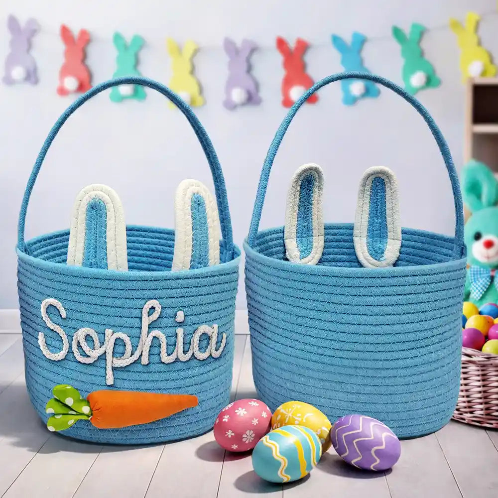 Gift For Kids,Grandpa - Grandkids,Grandma - Grandkids,Gift For Grandkids,Dad - Children,Mom - Children,Easter,Happy - Custom Name With Carrot Bunny Ears - Personalized Easter Basket