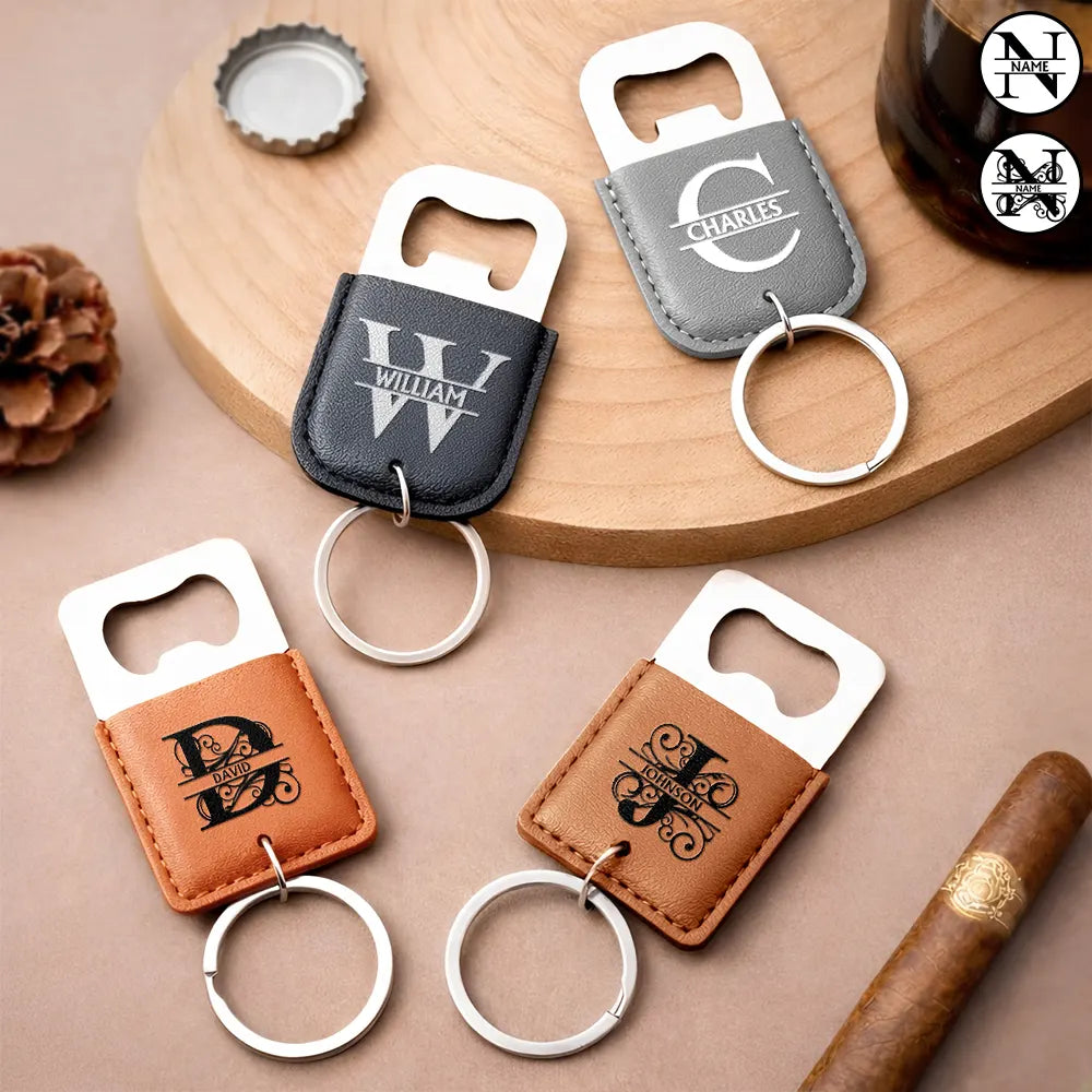 Custom Name With Monogram Letter - Personalized Leather Bottle Opener Keychain