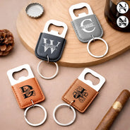 Gift For Husband,Gift For Boyfriend,Gift For Men,Gift For Uncle,Gift For Grandpa,Gift For Father - Custom Name With Monogram Letter - Personalized Leather Bottle Opener Keychain