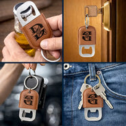 Gift For Husband,Gift For Boyfriend,Gift For Men,Gift For Uncle,Gift For Grandpa,Gift For Father - Custom Name With Monogram Letter - Personalized Leather Bottle Opener Keychain