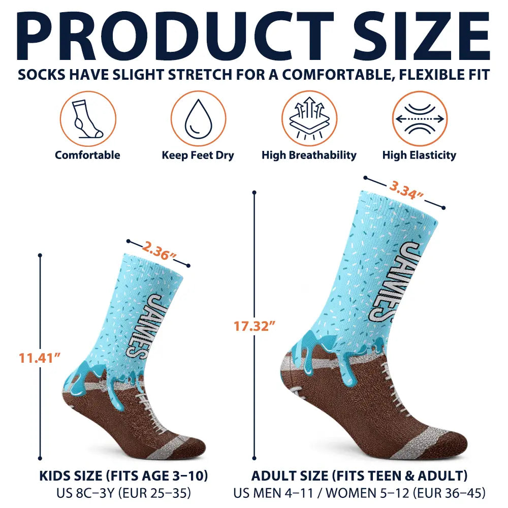 Top Market,Baseball,Playful,Christmas,Gift For Kids,Custom Text - Custom Name & Number Ice Cream Drip For Baseball Basketball Football Lovers - Personalized Socks