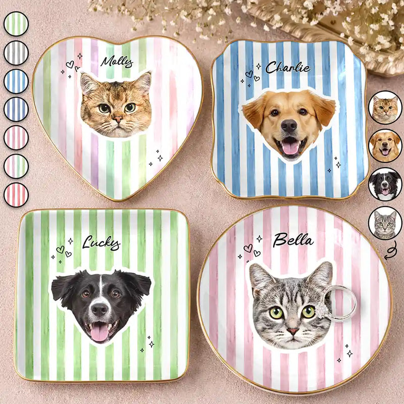 Pet Lovers,Pet Mom,Pet Dad,Pet Couple,Dog Lovers,Dog Mom,Dog Dad,Dog Couple,Cat Lovers,Cat Mom,Cat Dad,Cat Couple,Happy - Custom Outline Photo Pet Portrait Stripe Style - Personalized Ring Dish