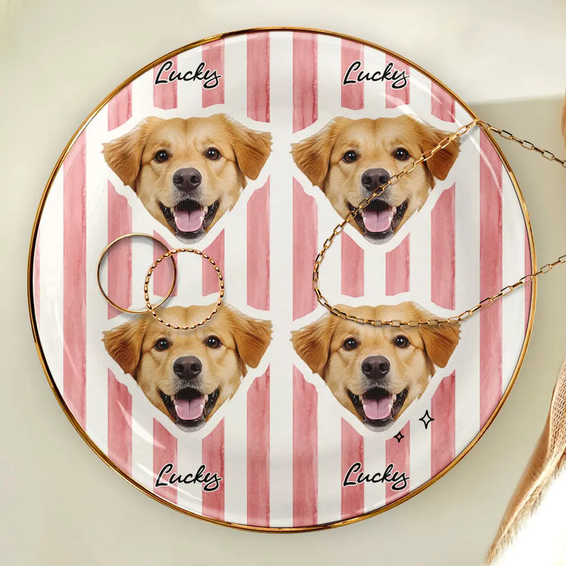 Pet Lovers,Pet Mom,Pet Dad,Pet Couple,Dog Lovers,Dog Mom,Dog Dad,Dog Couple,Cat Lovers,Cat Mom,Cat Dad,Cat Couple,Happy - Custom Outline Photo Pet Portrait Stripe Style - Personalized Ring Dish