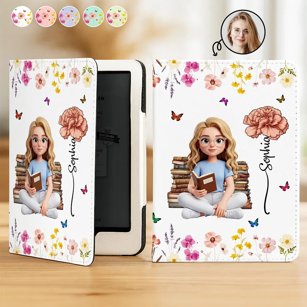 Custom Photo 3D Book Lover Birth Month Flower - Personalized Kindle Paperwhite Case Kickstand